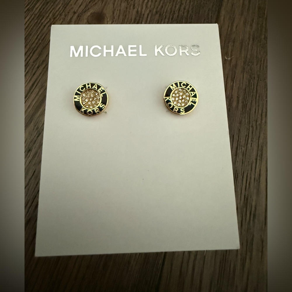 Michael Kors Black & Gold Logo Pave Stud Earrings. NWT